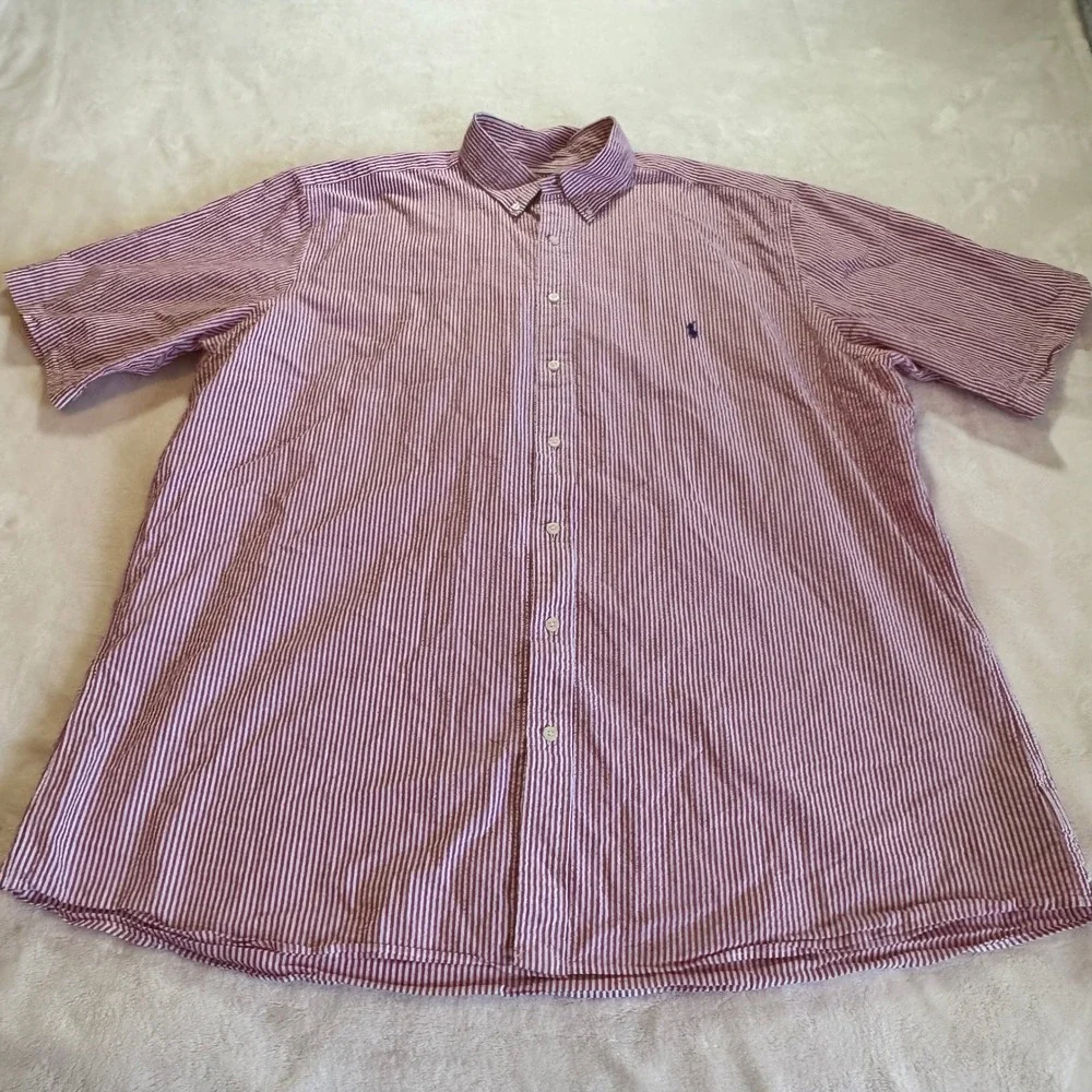 Polo Ralph Lauren Button Down Mens 2XLT Red Seersucker Stripe Short Sleeve Shirt